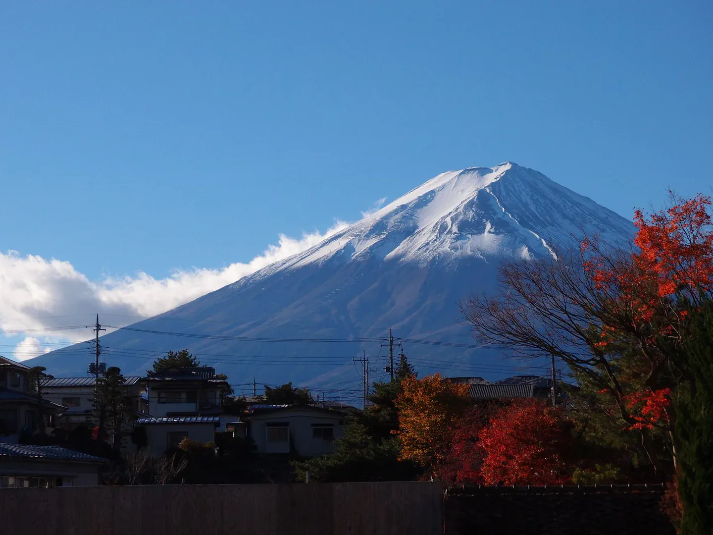 Le lac Kawaguchi avec le mont Fuji et les feuillages d'automne, illustrant la compression avec un objectif moyen à long, l'attente de bonnes conditions météorologiques et la composition au bord du lac.