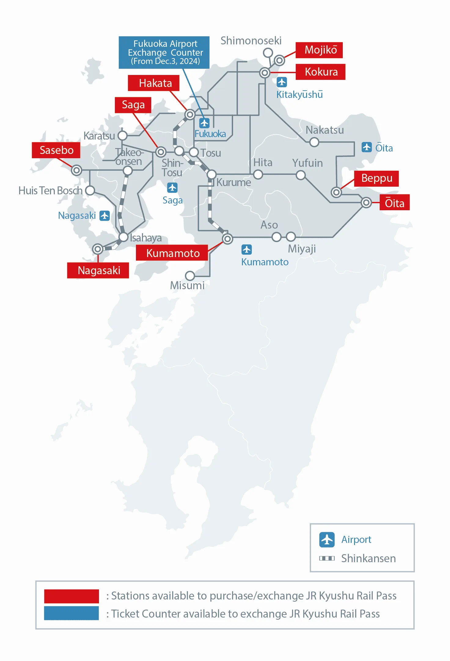 Carte de la zone du JR Pass Nord Kyushu