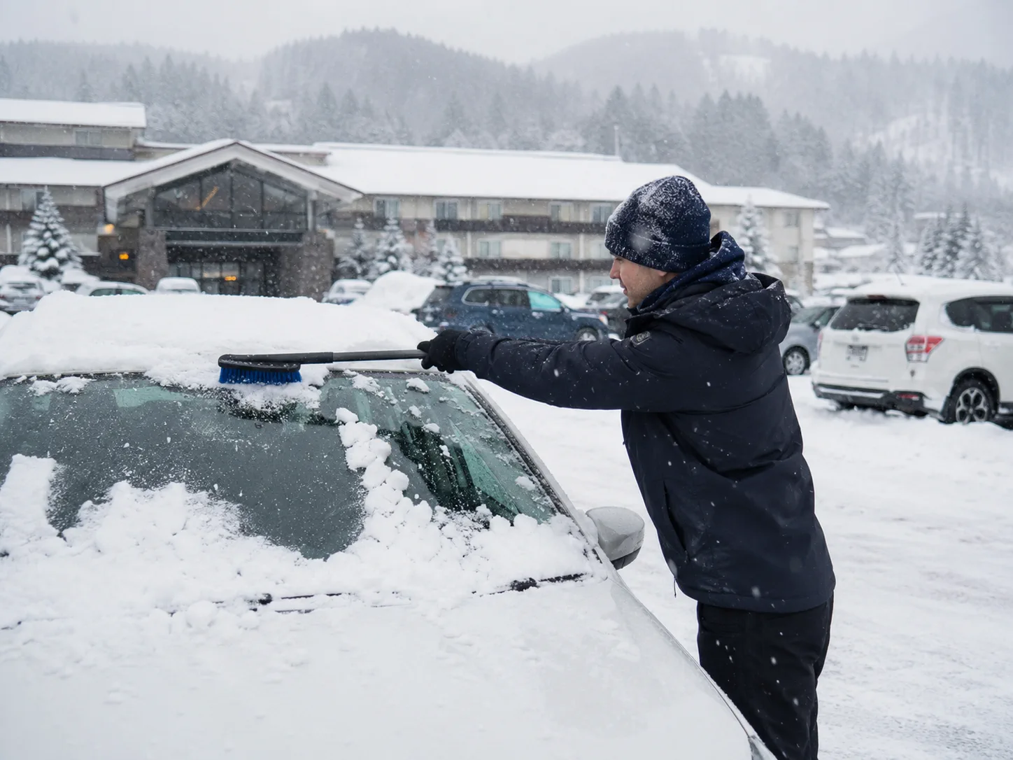 Déneigement d’une voiture à Hokkaido