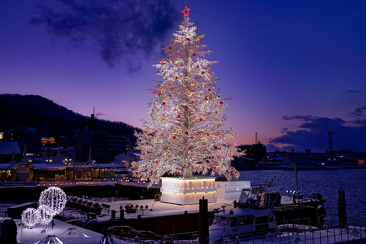 Sapin illuminé du Christmas Fantasy de Hakodate en décembre 2023 au crépuscule